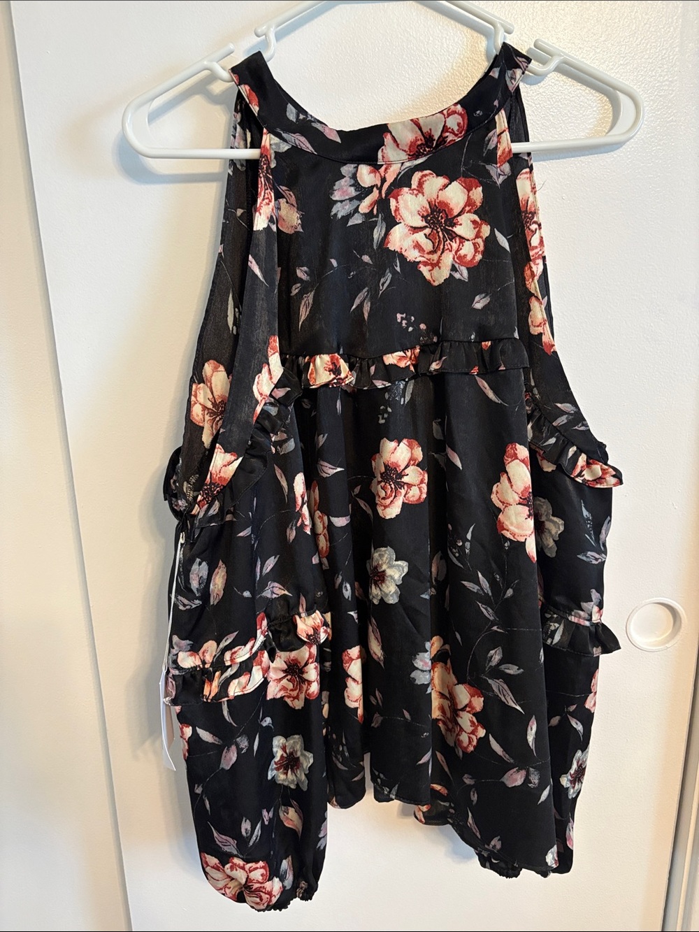Misa Los Angeles Black Floral Ruffle Top with Open Shoulder Sleeves